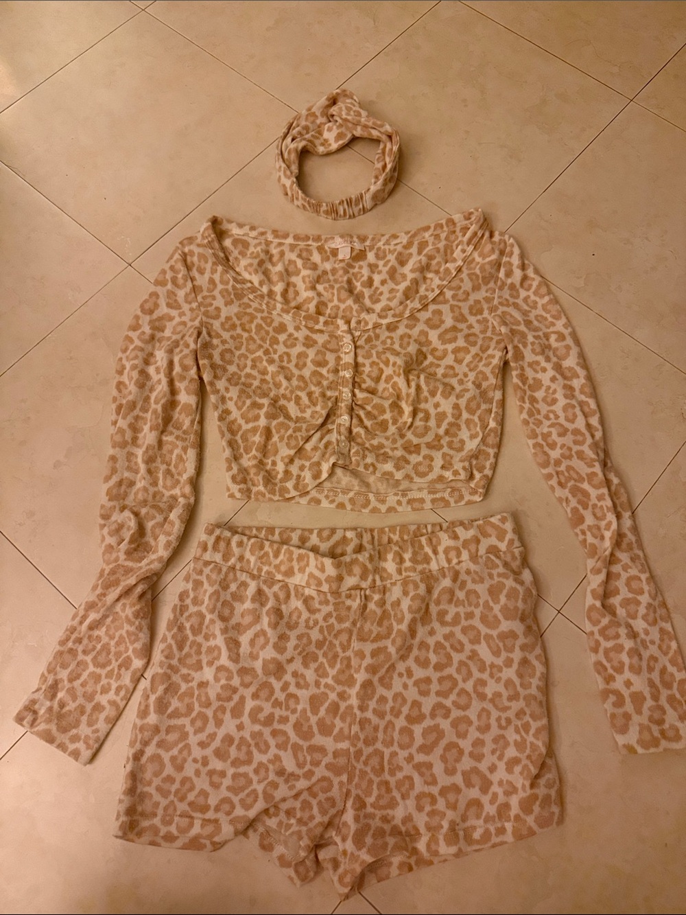 Leopard Print Two-Piece Lounge Set with Headband - Beige